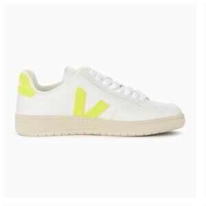 Veja V-12 Leather Sneaker in Extra White/Neon Green